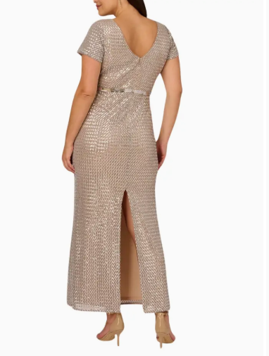 Short Sleeve with Embellished Waist in Silver Column Gown (Plus Size)