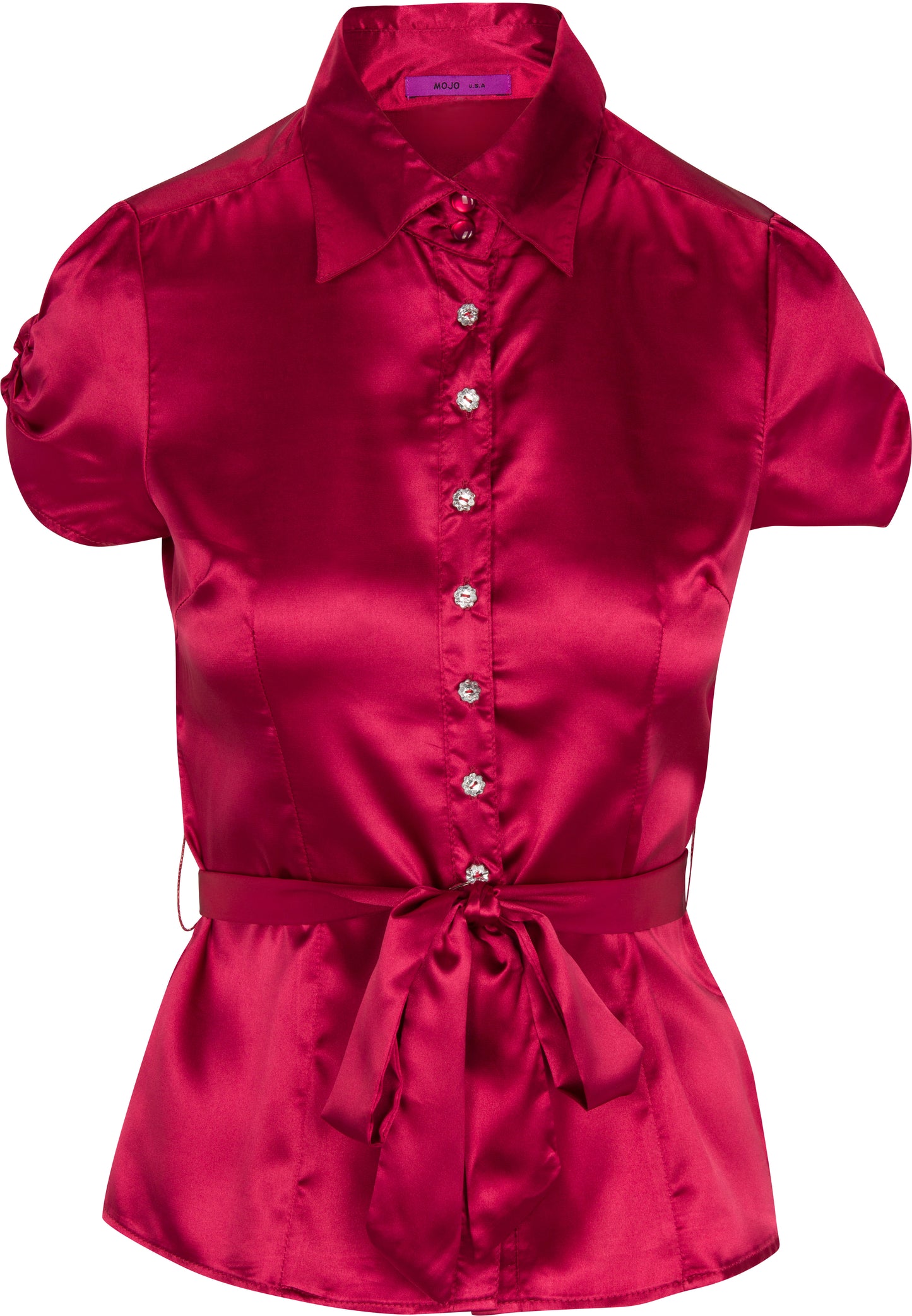 Belted satin blouse with gemstone buttons (juniors size)