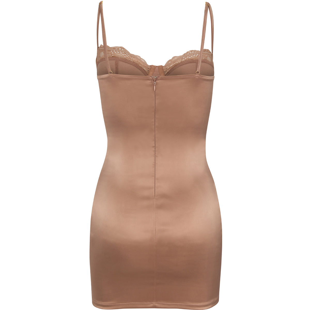 This image features a sleeveless satin bodycon dress in a delicate blush pink color. The dress is designed with a flattering neckline and lace detailing at the cups, which adds a touch of elegance.
