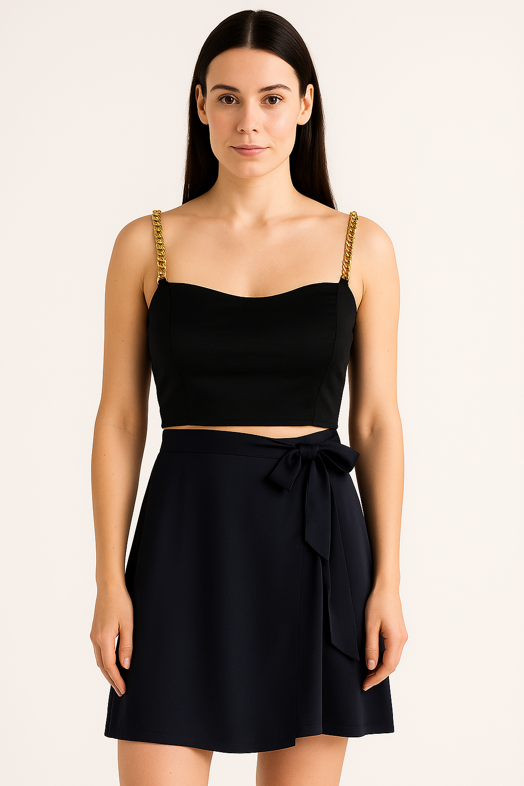 Woman wearing a black dress with gold straps against a beige background