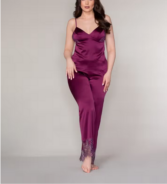 Luxurious Silk Pajama Trouser in Berry Silk with French Lace
