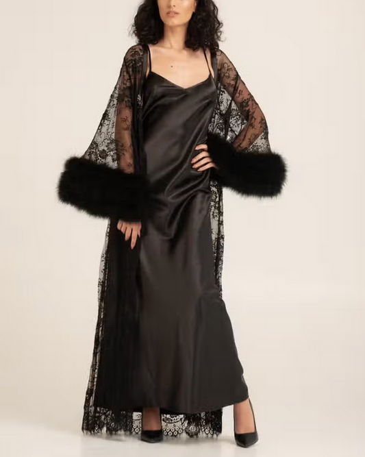 Satin Nightgown and Lace Robe with Ostrich Feather Set