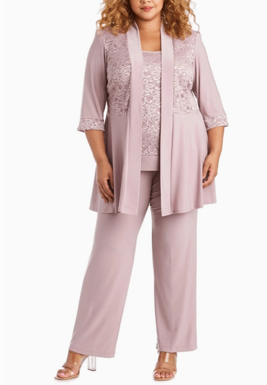 R&M Richards Pleated Sequin Open Jacket Pants Suit