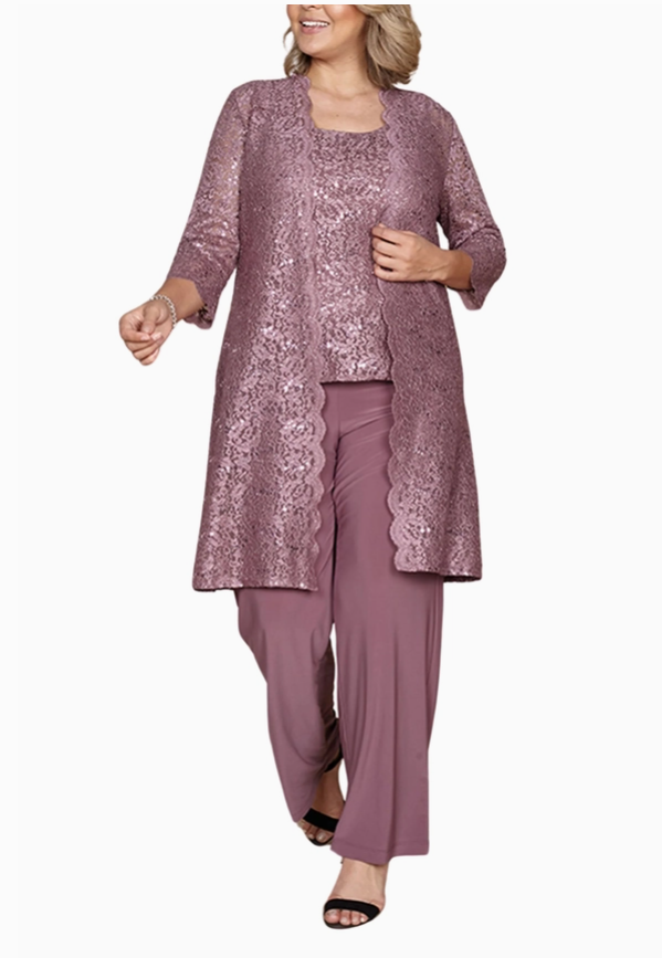 R&M Richards Metallic Lace Tank Top and Pant Set with Sheer Lace Jacket