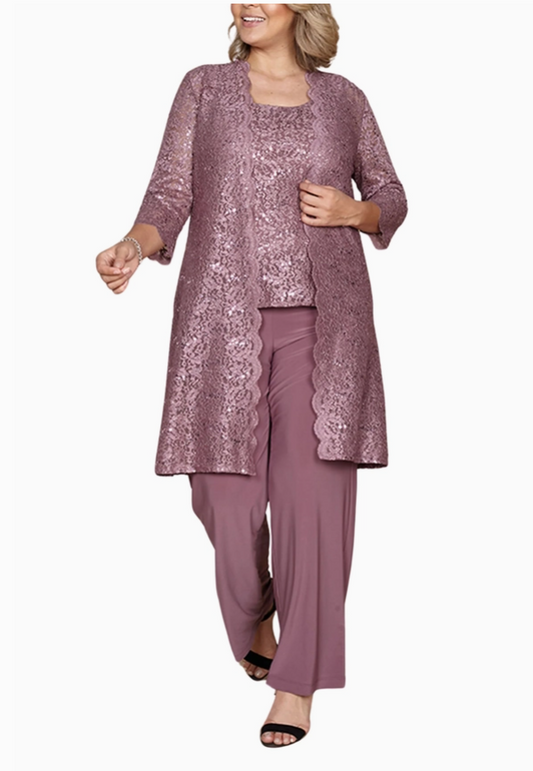 R&M Richards Metallic Lace Tank Top and Pant Set with Sheer Lace Jacket