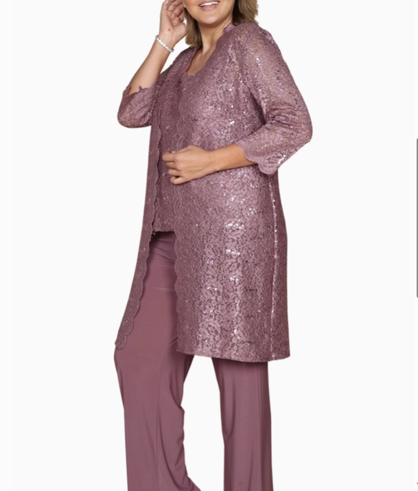 R&M Richards Metallic Lace Tank Top and Pant Set with Sheer Lace Jacket