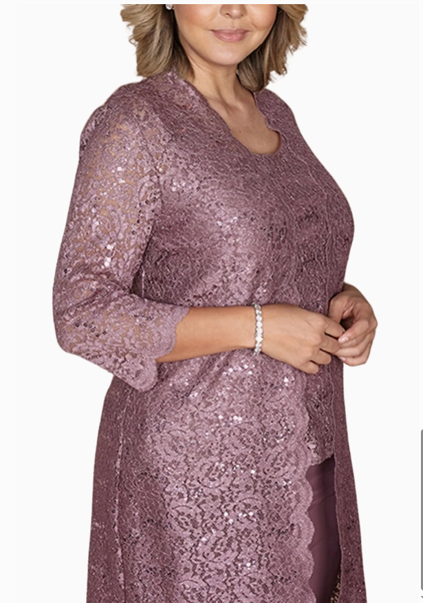 R&M Richards Metallic Lace Tank Top and Pant Set with Sheer Lace Jacket