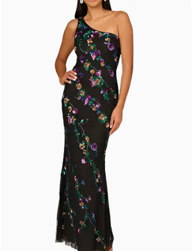 Aidan Mattox Beaded Mesh One Shoulder Sleeveless Mermaid Gown