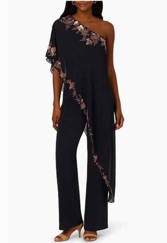 Adrianna Papell Beaded Overlay One Shoulder Straight Leg Jumpsuit