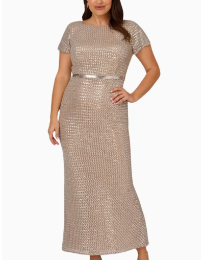 Short Sleeve with Embellished Waist in Silver Column Gown (Plus Size)