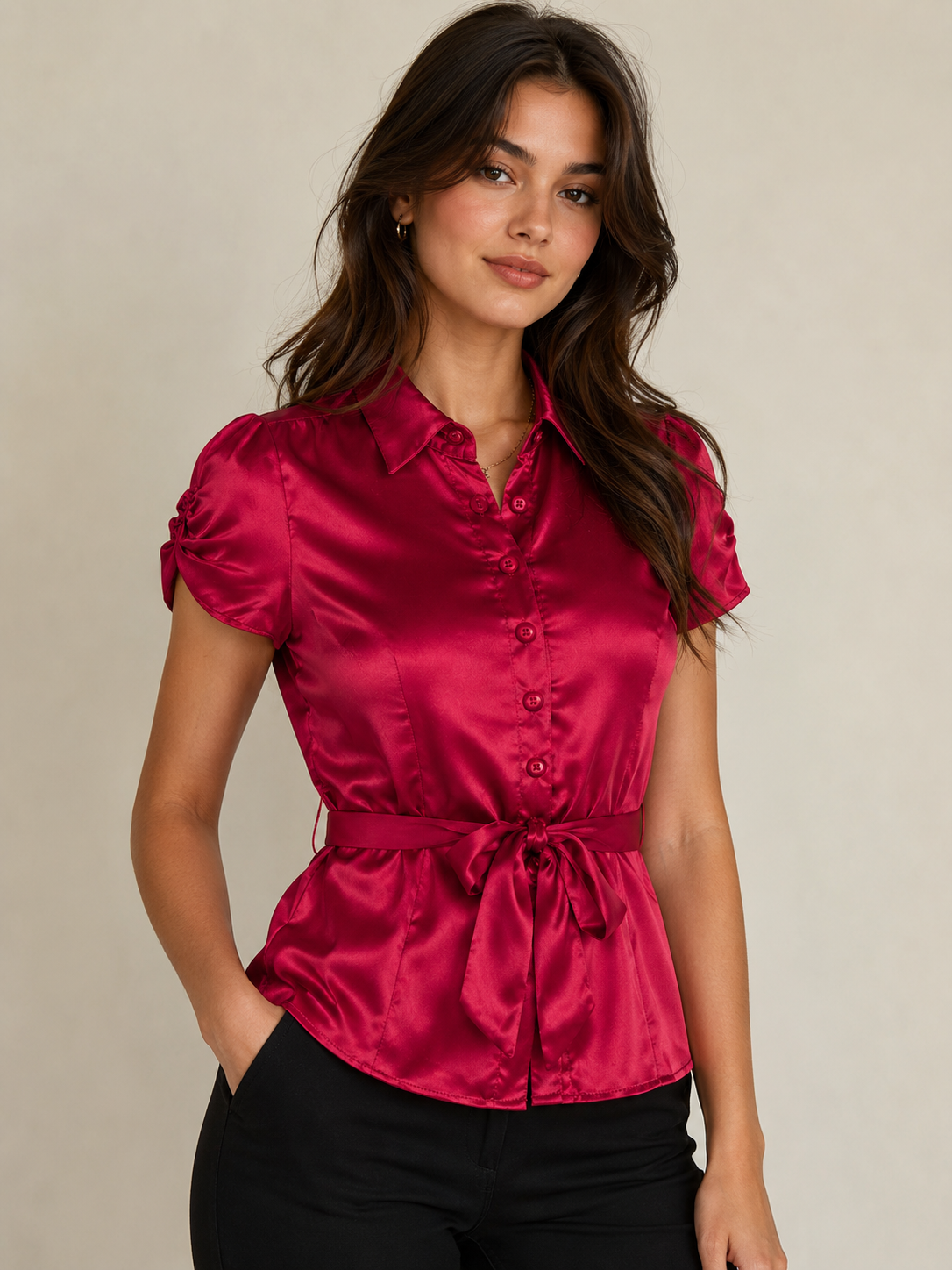 Belted satin blouse buttons (juniors)
