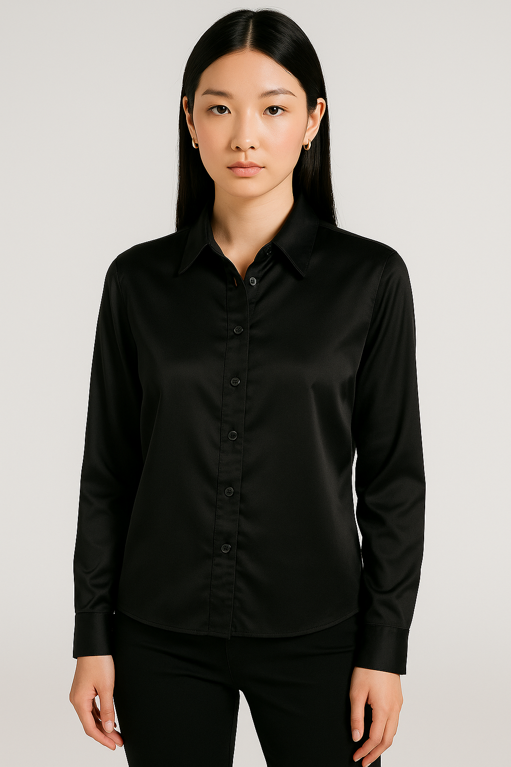 Woman wearing a black shirt against a plain background