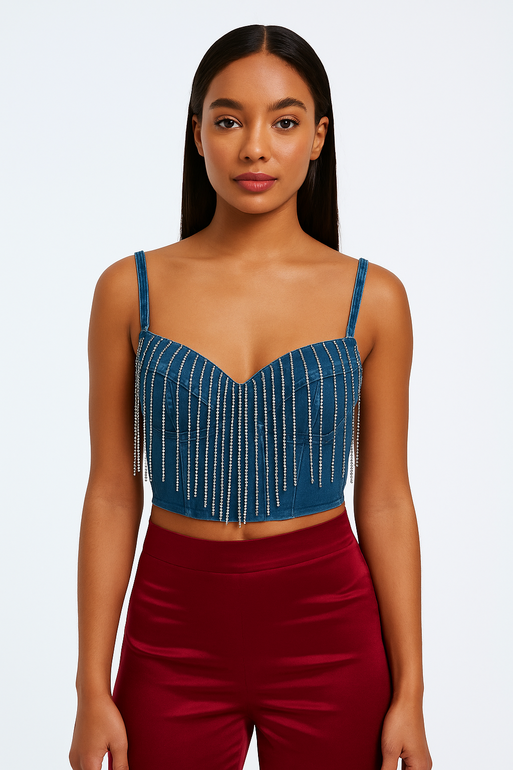 jean top with diamond fringe