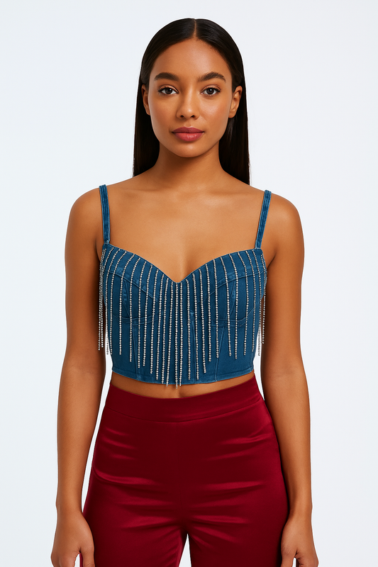 jean top with diamond fringe