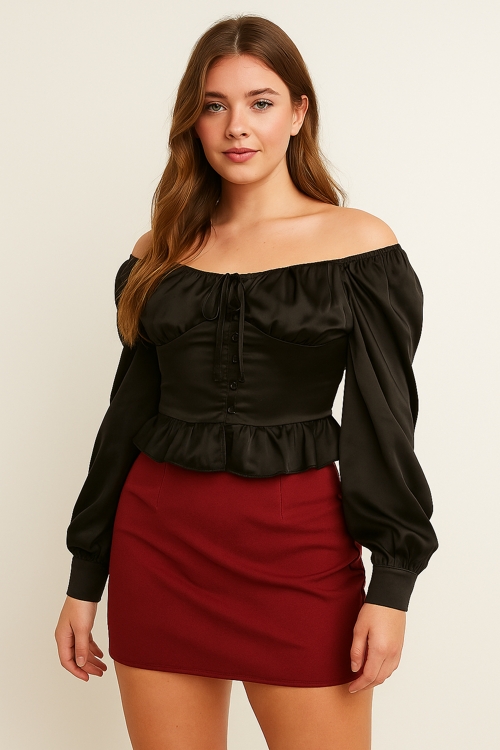 Woman wearing a black off-shoulder top and red skirt against a plain background