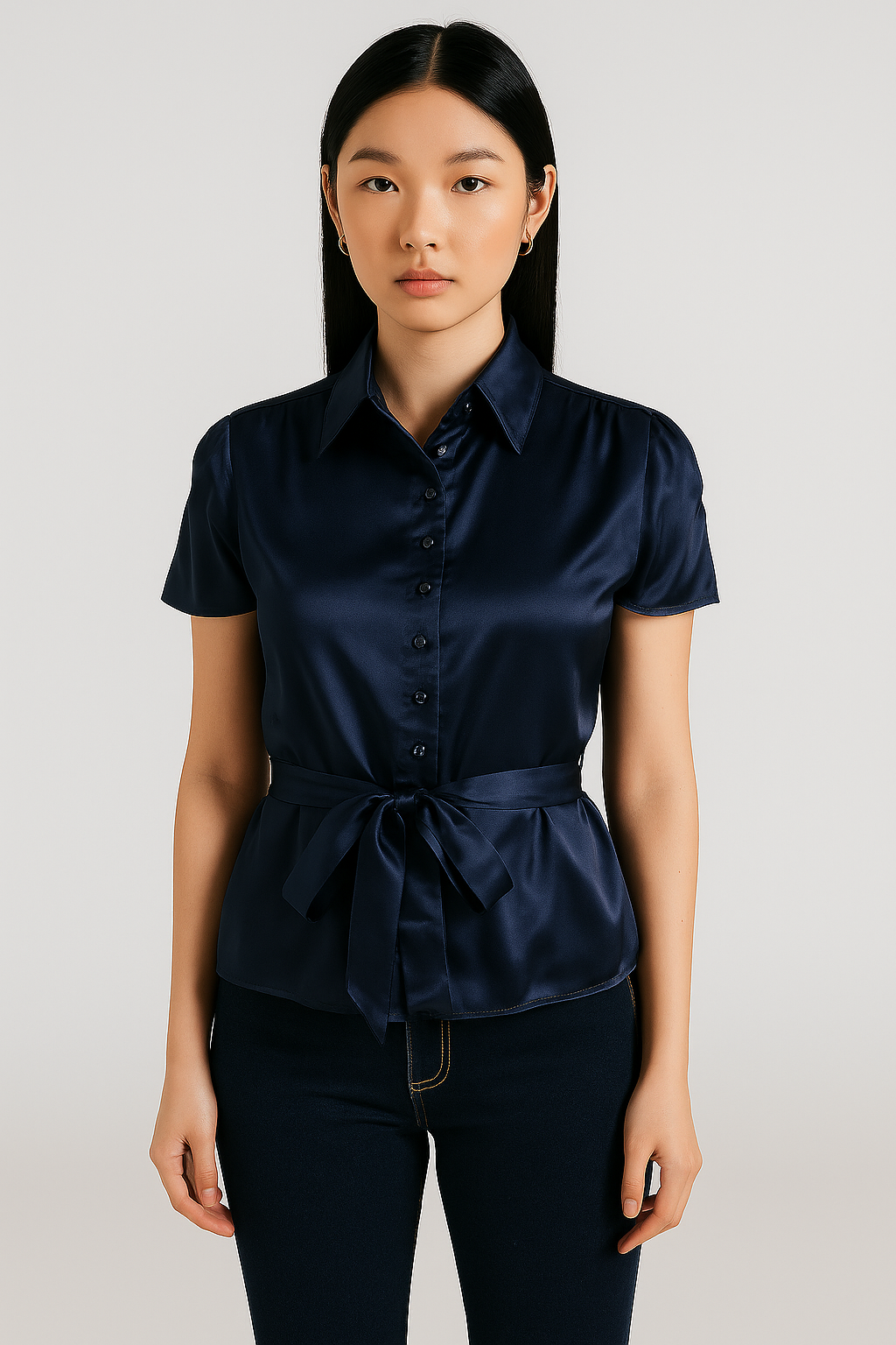 midnight blue satin belted blouse