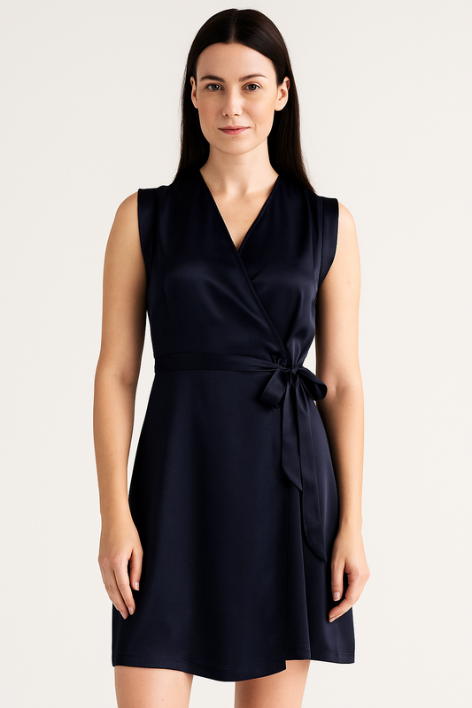 Woman wearing a black sleeveless dress against a plain background
