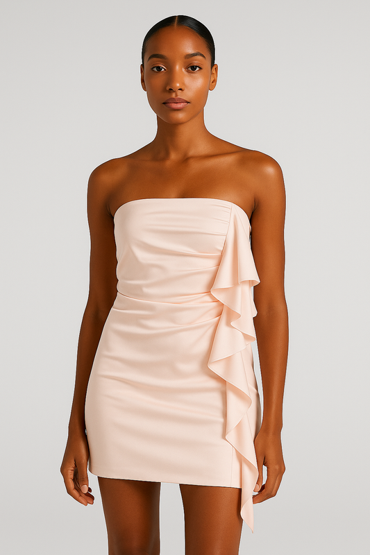 A peach satin tube dress with a V-neck neckline and a ruffled hemline.