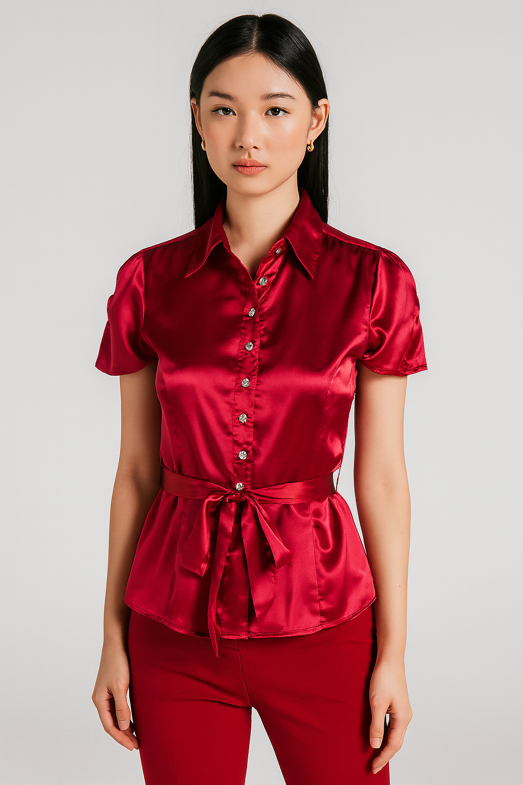 Belted satin blouse with gemstone buttons (juniors size)
