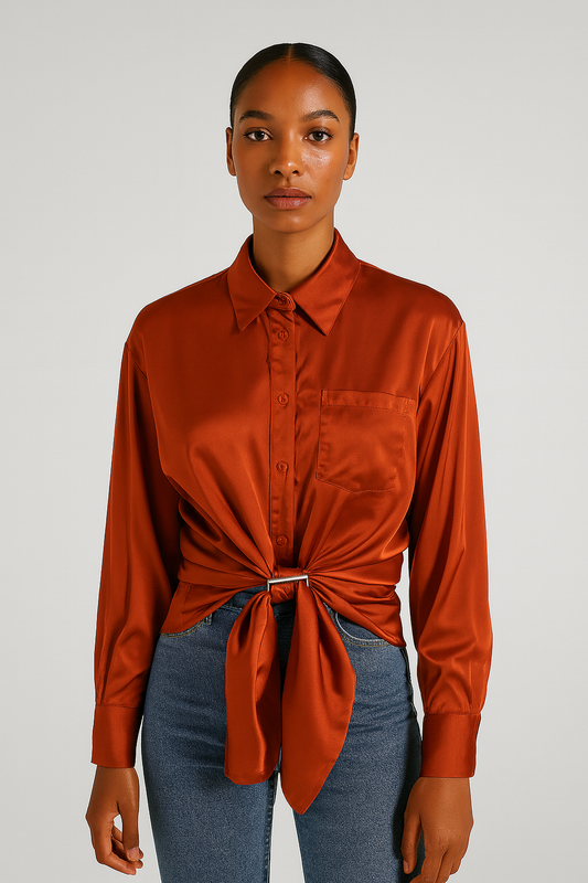rust color satin blouse with jeweled buckle