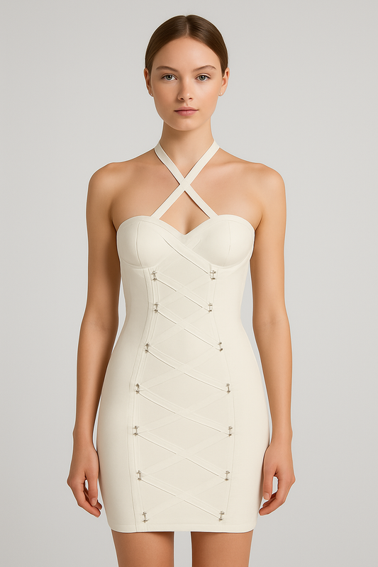features a stunning choker neckline and a halter design that beautifully frames the shoulders