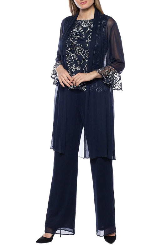 Marina Round Neck Sleeveless Embroidered Bodice Jersey Pants with Mesh Jacket 2 Piece Set