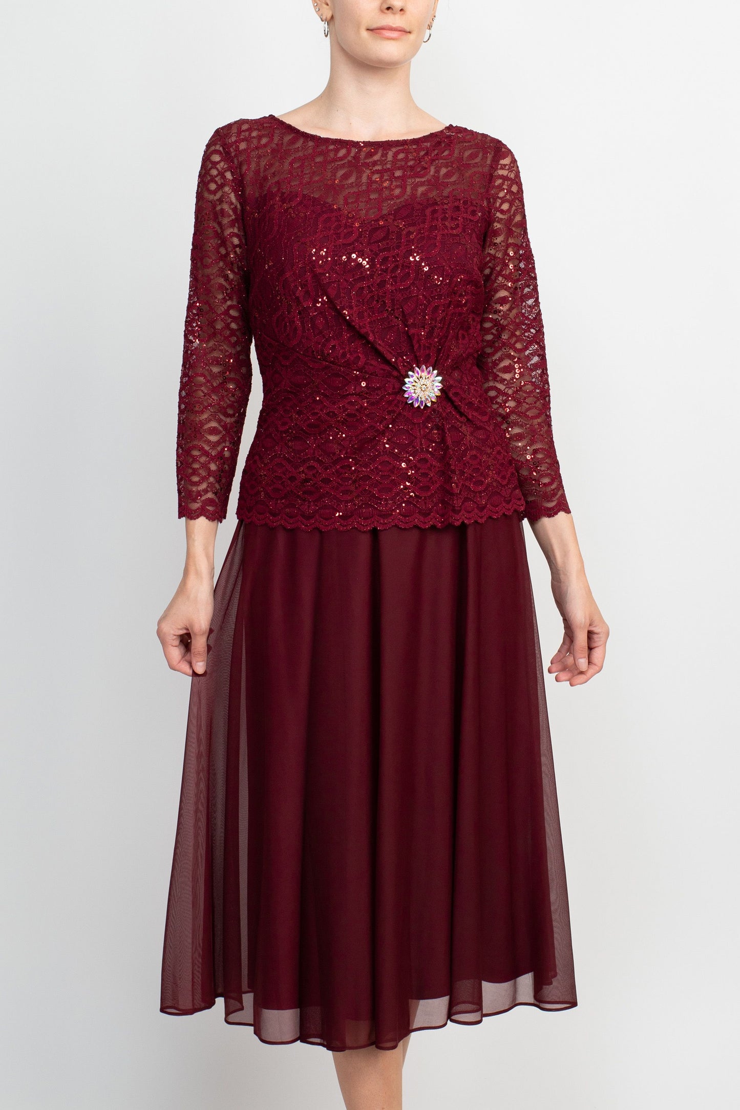 Cachet Embroidered Bordeaux Brooch Dress