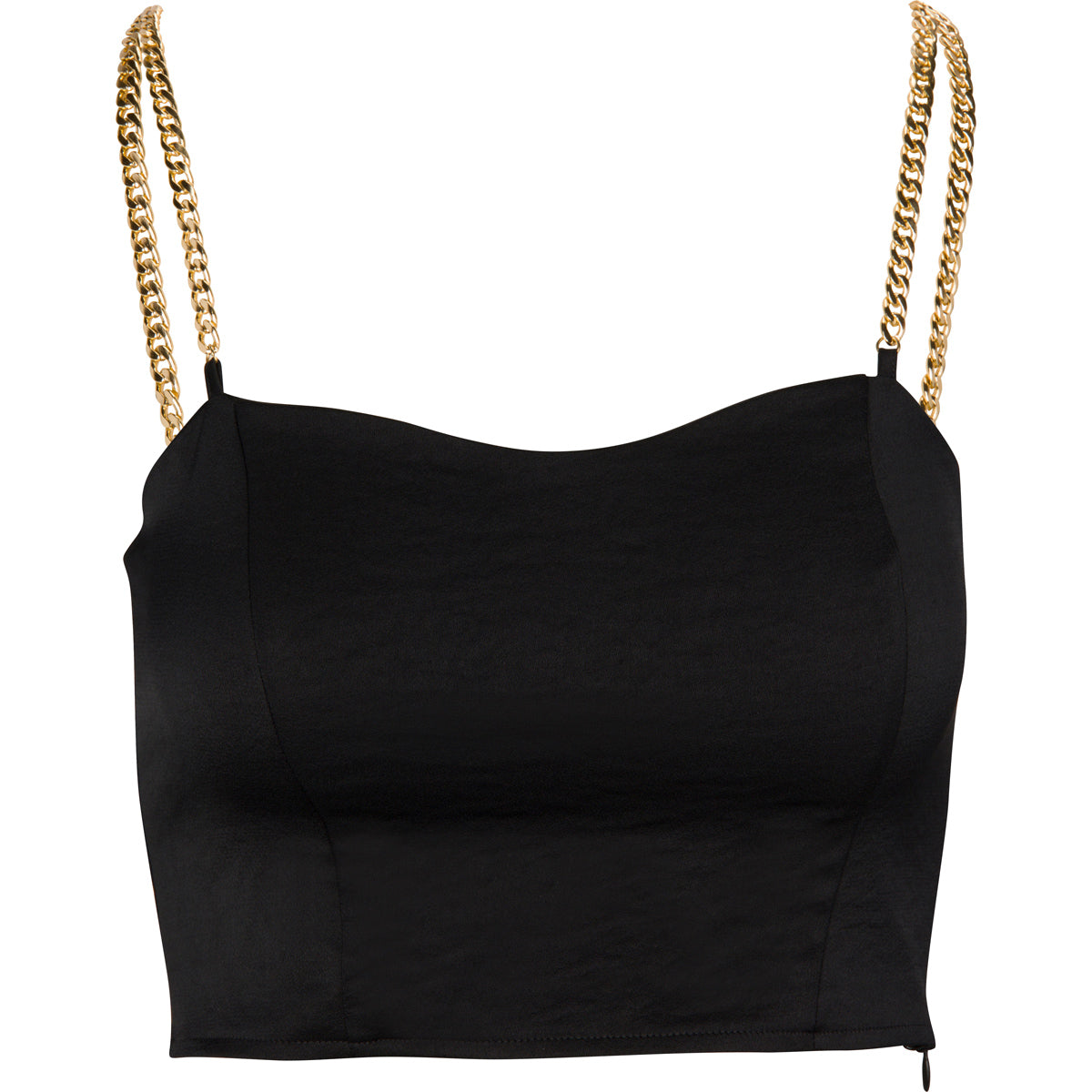 A black satin tube top with gold straps, featuring a chain-link design.
