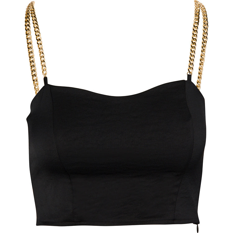 A black satin tube top with gold straps, featuring a chain-link design.