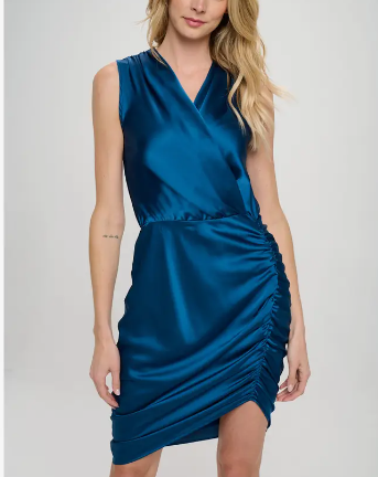 Made in USA Stretch Satin Ruched Dress with Asymmetrical Hem