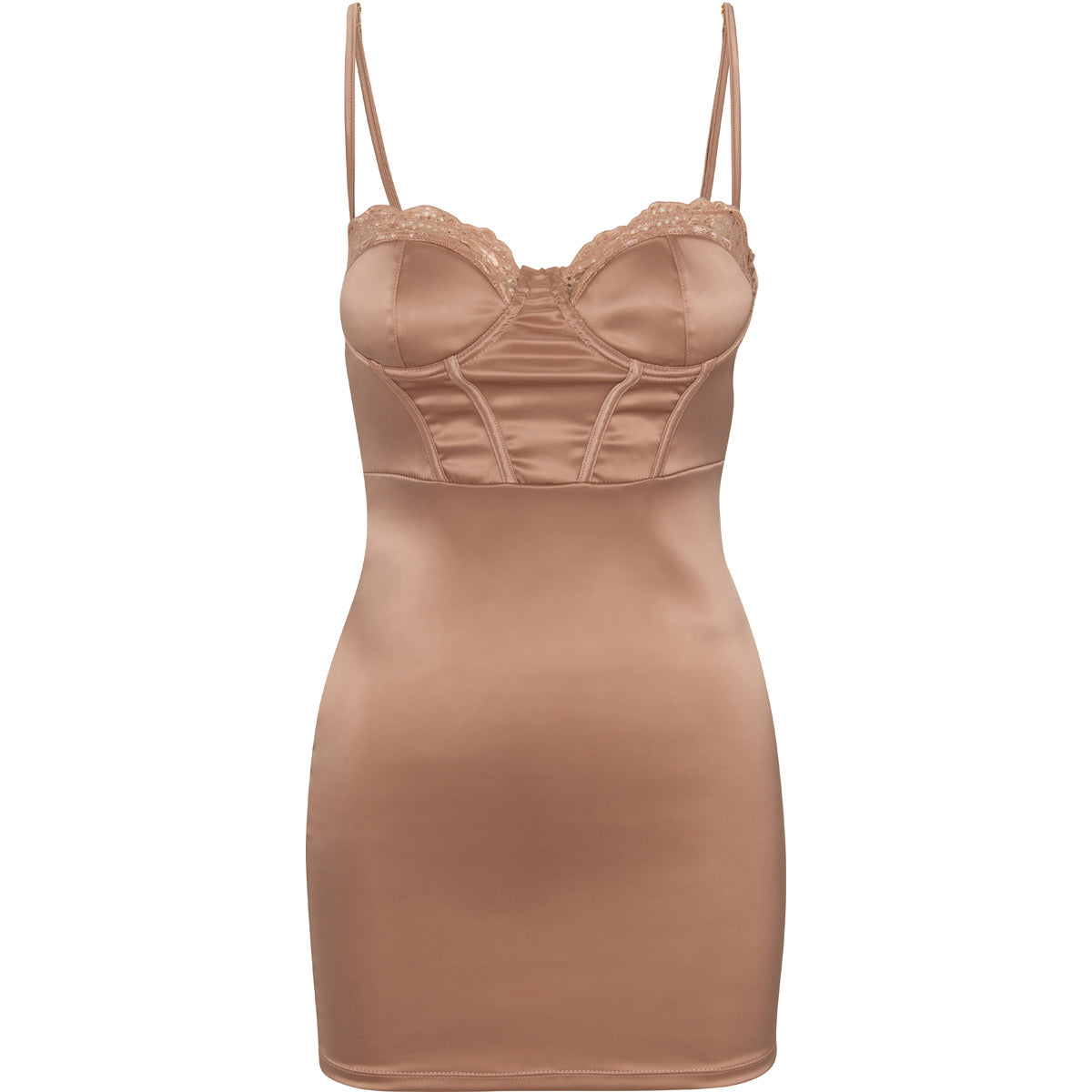 This image features a sleeveless satin bodycon dress in a delicate blush pink color. The dress is designed with a flattering neckline and lace detailing at the cups, which adds a touch of elegance.