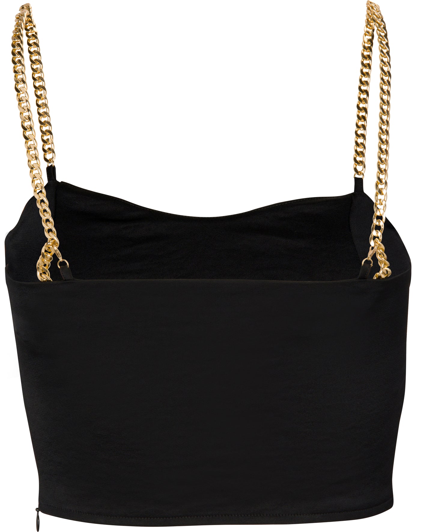 A black satin tube top with gold straps, featuring a chain-link design.