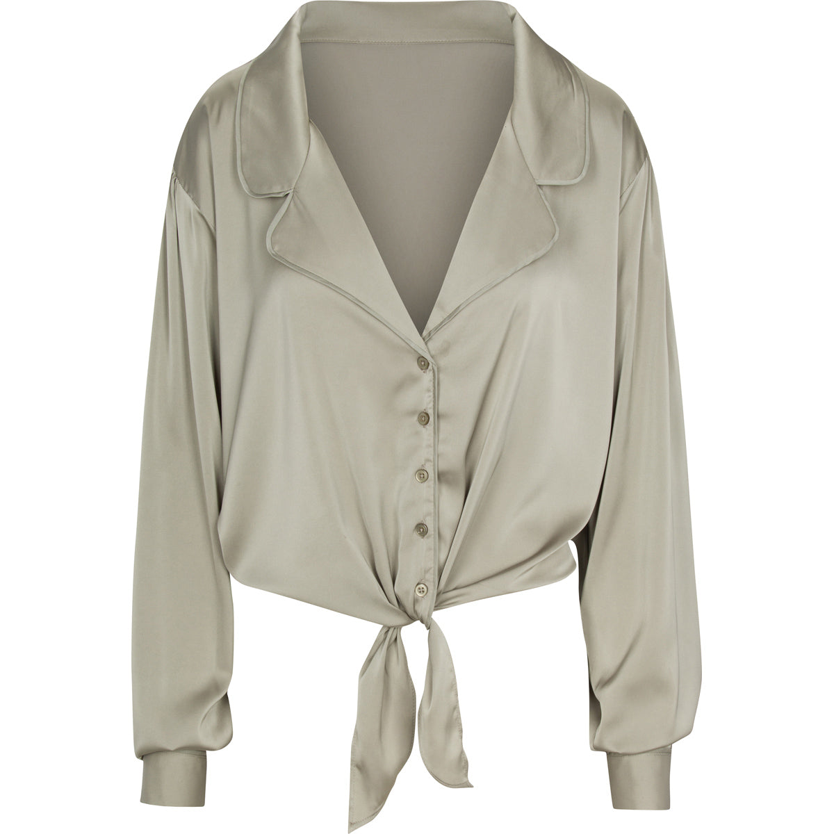 A green satin tie knot shirt on a mannequin.