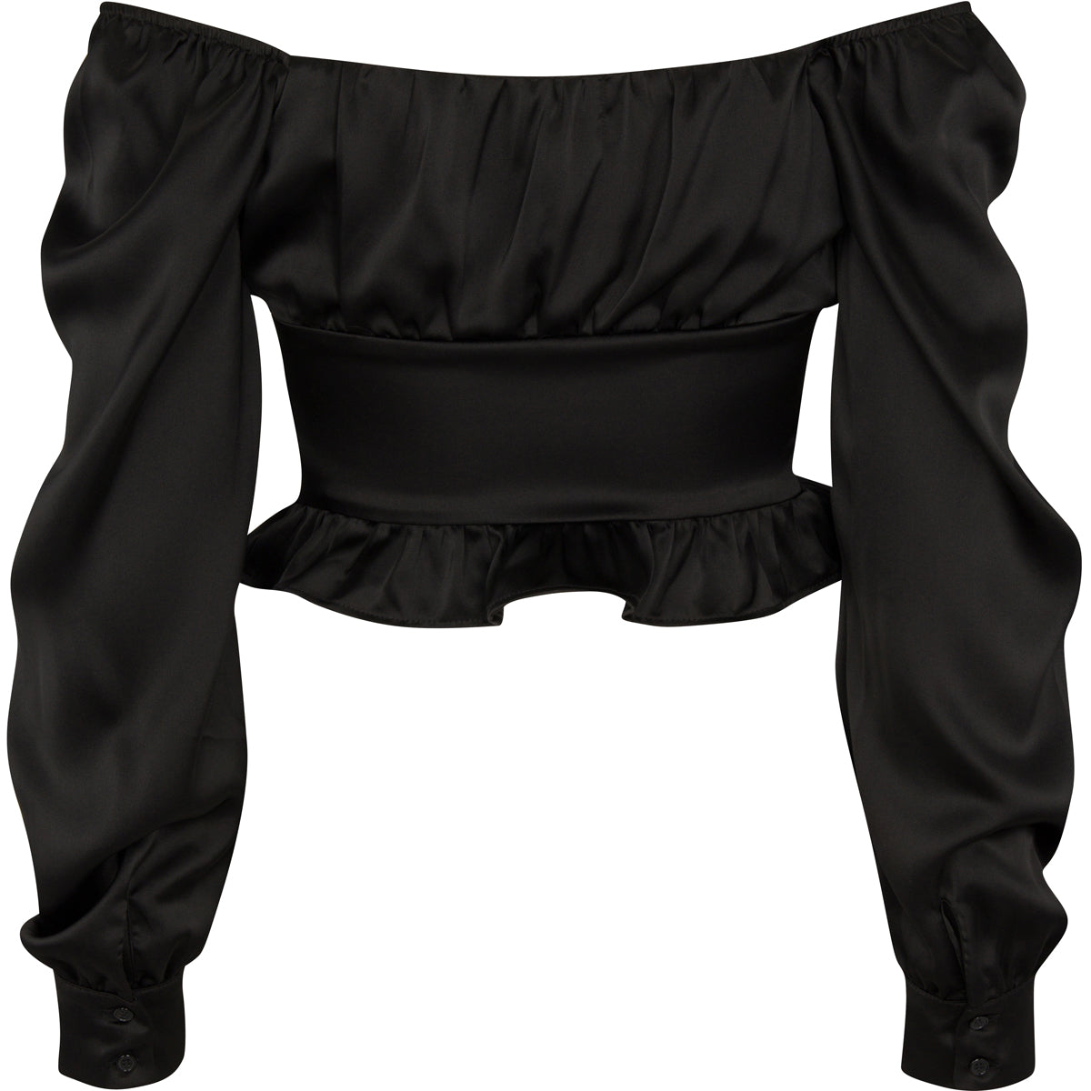 A black medieval style bodice top with a V-neck and ruffled sleeves.