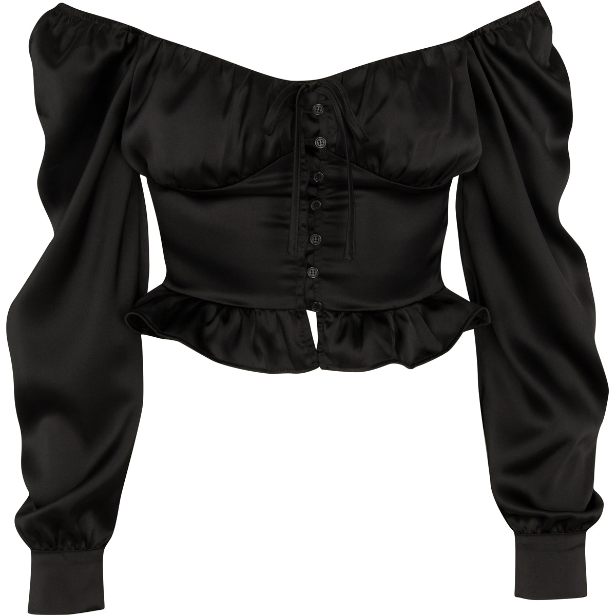 A black medieval style bodice top with a V-neck and ruffled sleeves.