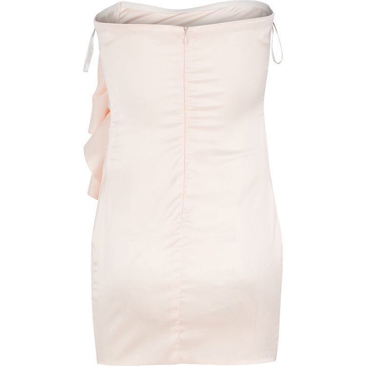 A peach satin tube dress with a V-neck neckline and a ruffled hemline.