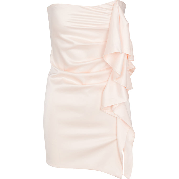 A peach satin tube dress with a V-neck neckline and a ruffled hemline.