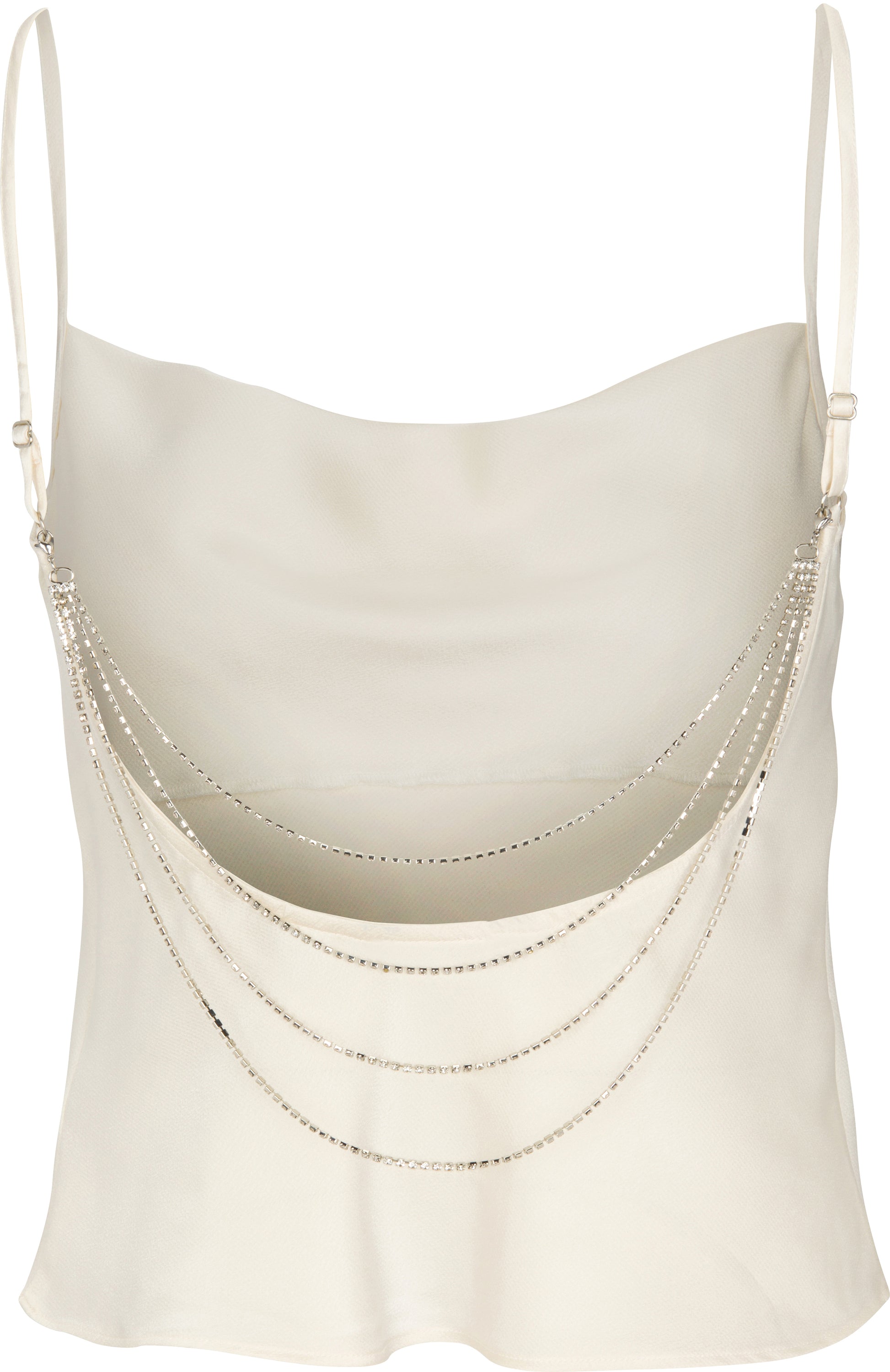 This image features a sleek and elegant satin camisole, known as "Satin Diamonds." The tank top is presented in a soft, creamy white color, highlighting a luxurious sheen.