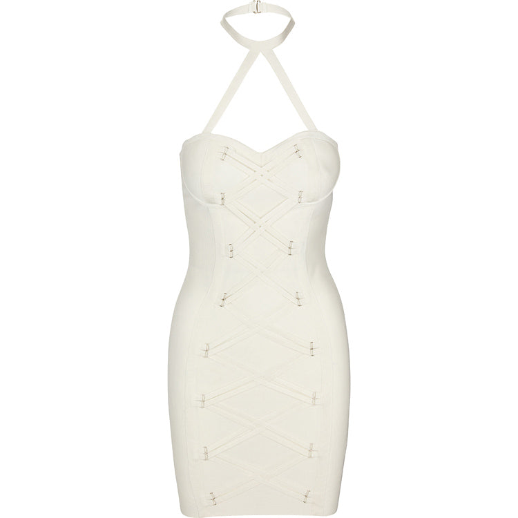 features a stunning choker neckline and a halter design that beautifully frames the shoulders